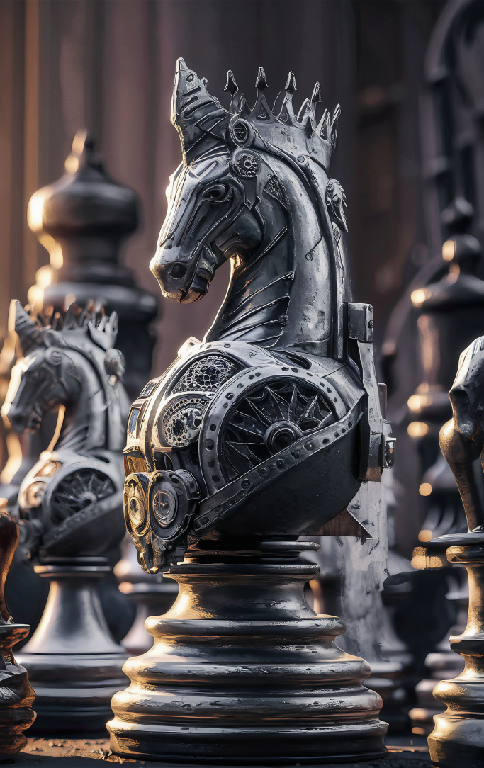 A very ornate silver knight chess piece on a chess board, surrounded by other pieces