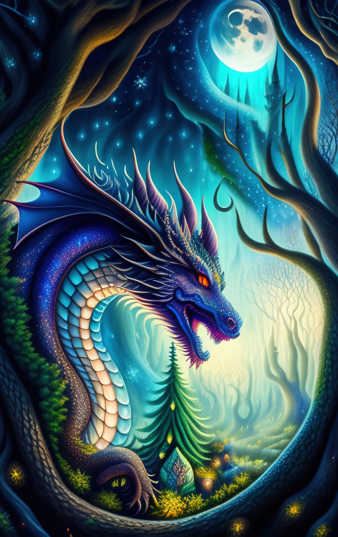 Blue dragon rearing up in a forest with a full moon