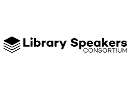 Library speakers consortium with stack of books logo