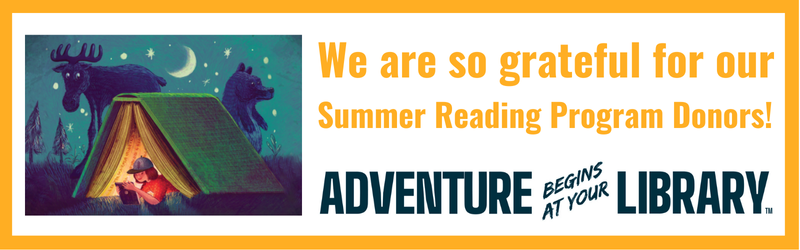 Banner for Summer reading program with child reading in a tent shaped like a book with a moose and a bear nearby