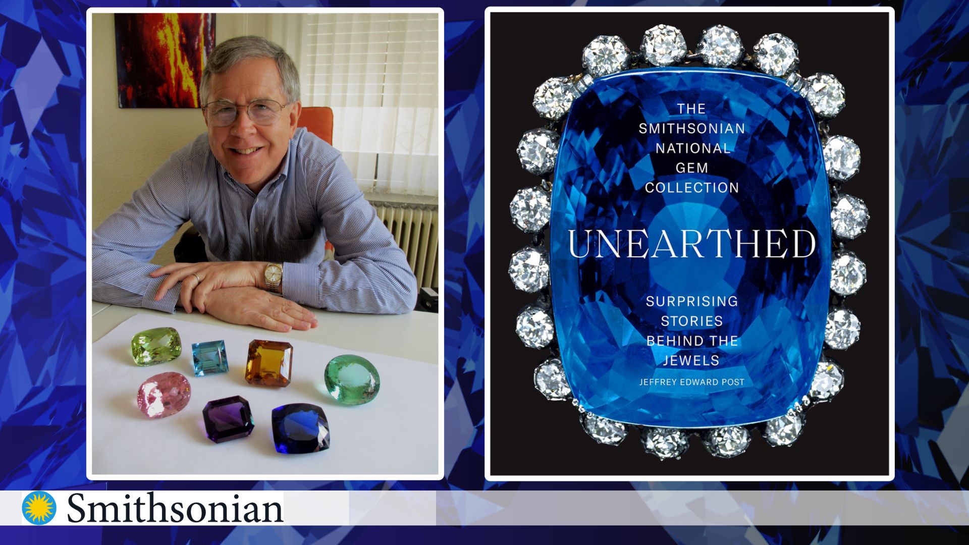 man sitting at table with large gems next to another image of the cover of the book